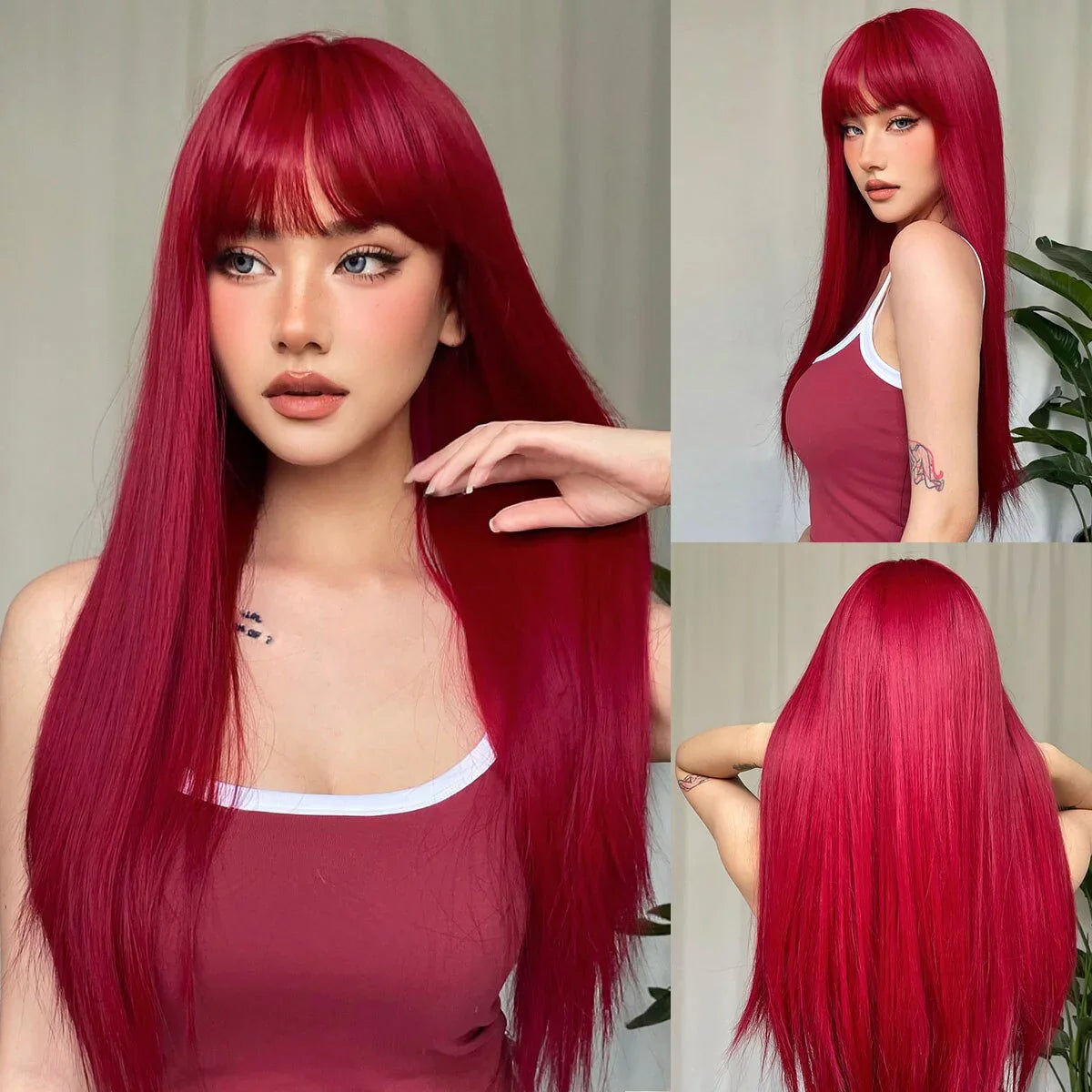 Perruque Rouge Ondulée Avec Frange - Cheveux Synthétiques, Bonnet Monofilament, Taille M