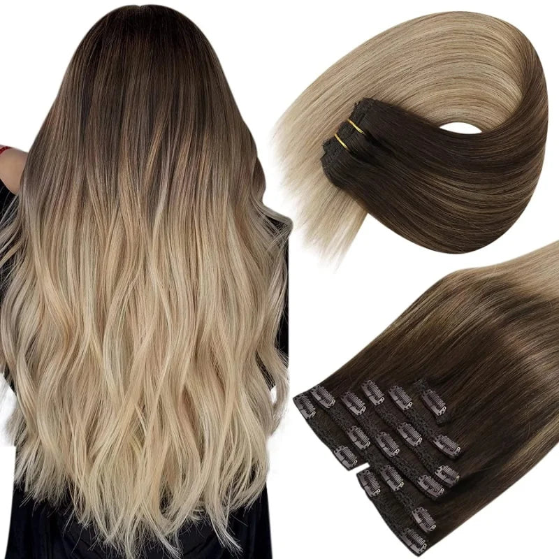 Extensions à Clips Perruque Blond Foncé Cuivré Réf G27 - Longues, Synthétiques, 2 Clips, Neuves
