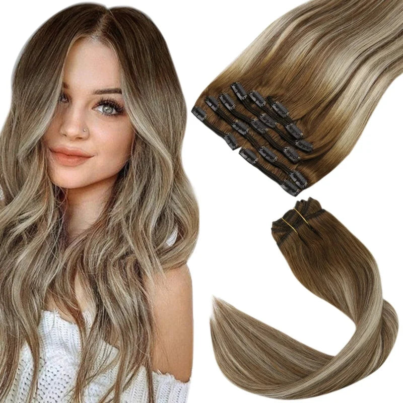 Extensions à Clips Cheveux Synthétiques - Blond Clair Cuivré Méché, Longueur Longue, Référence 27t613