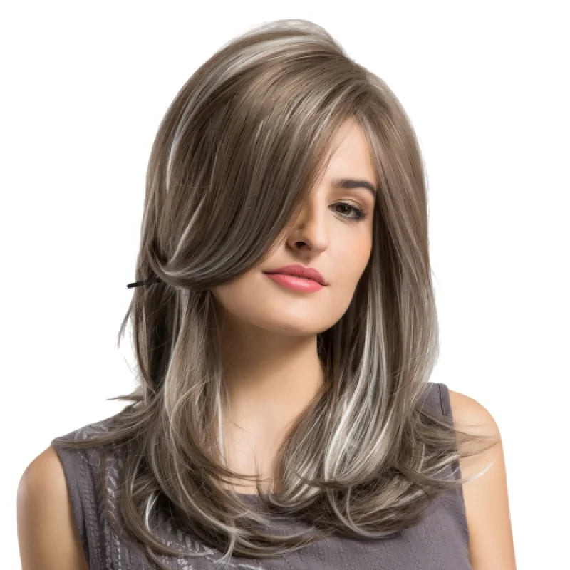 Perruque Synthétique Mi-Longue FANIE - Châtain Cuivré Méché Blond Clair - Bonnet Moyen