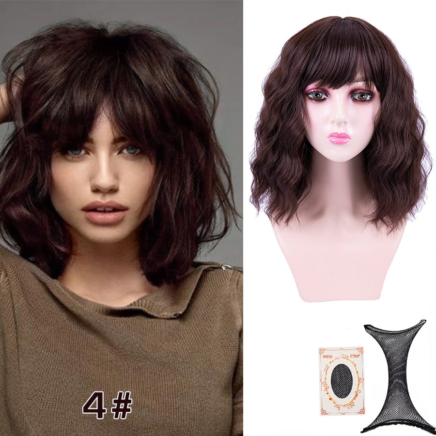 Perruque Femme Brun Foncé Ondulée Avec Frange - Synthétique - Neuf Avec étiquettes