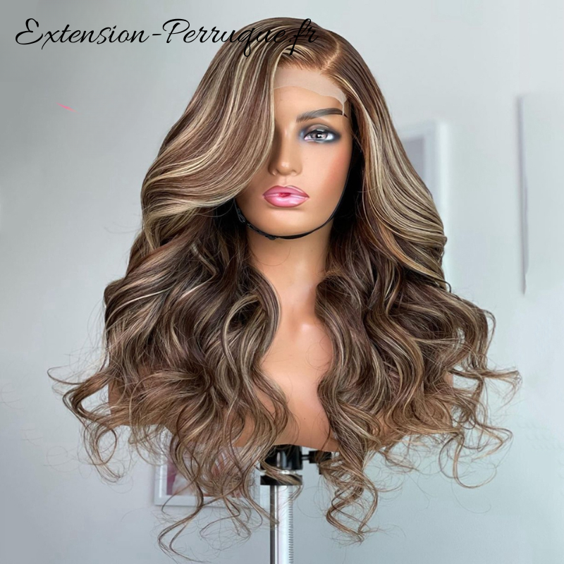 Perruque mèches humaines marron Highlight