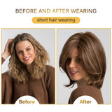 Perruque femme courte châtain et mèche blond synthétique
