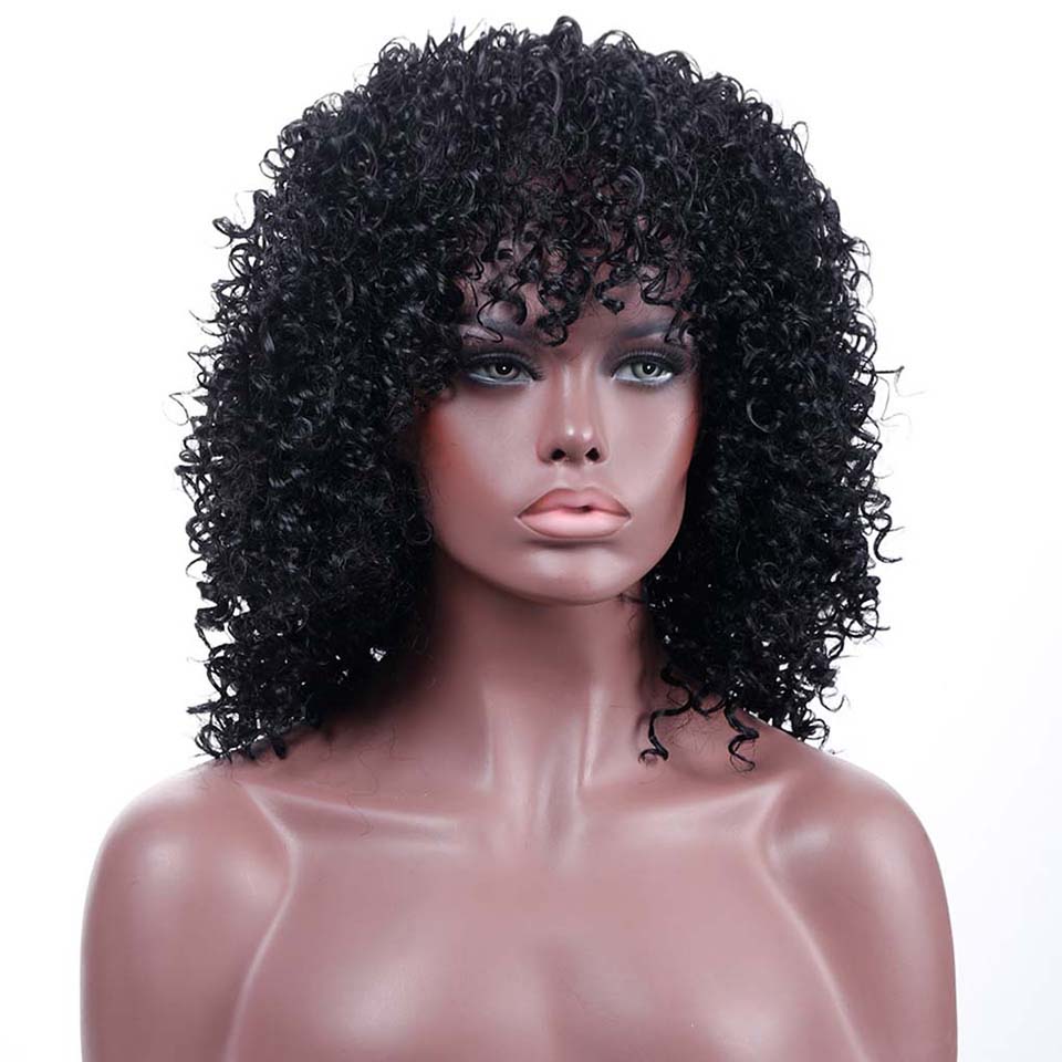 Perruque Afro Kinky Curly noire à frange sans colle