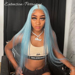 Perruque lisse en Cheveux Humains Bleu Clair