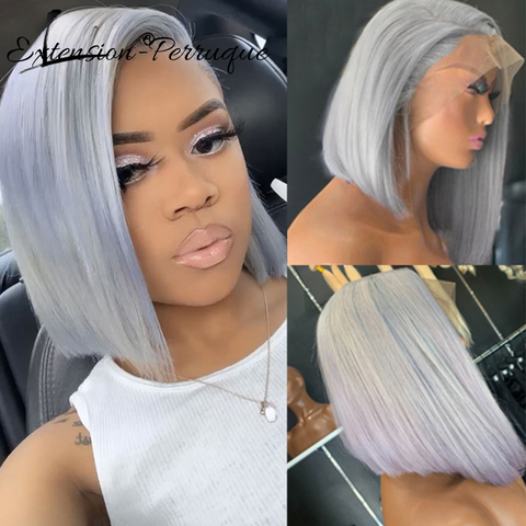 Perruque Coupe Bob lisse courte en cheveux humains gris argenté