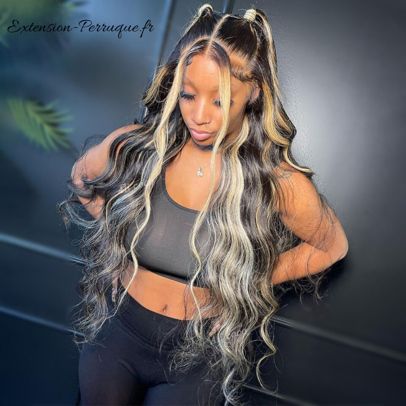 Sublime Perruque en cheveux humains sans colle highlight blond et noir