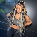 Sublime Perruque en cheveux humains sans colle highlight blond et noir