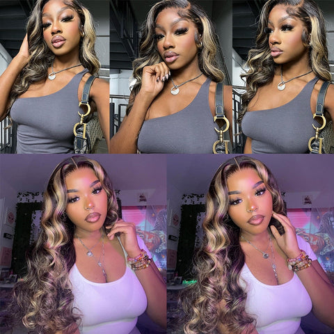 Perruque en cheveux humains sans colle highlight blond et noir