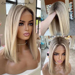 Perruque Remy blonde courte à mèches brunes