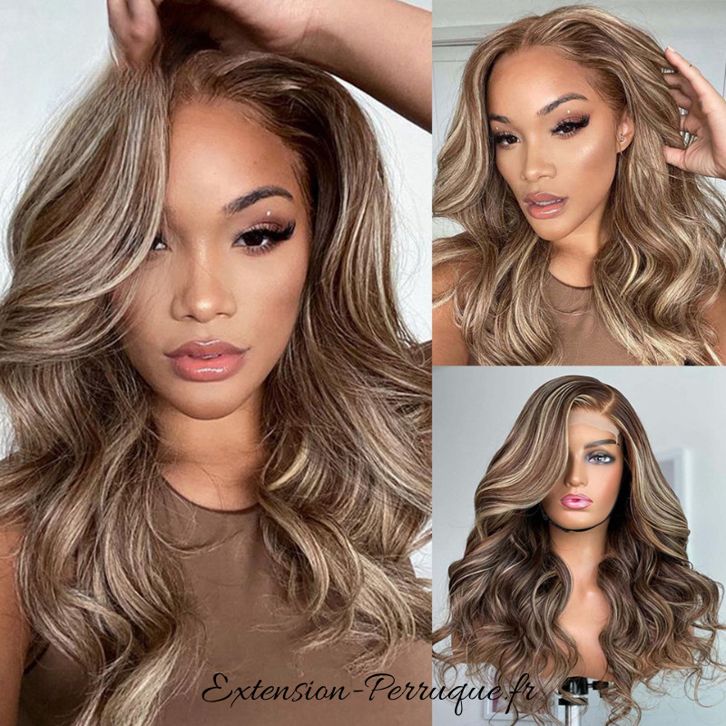 Perruques cheveux humains marron Highlight