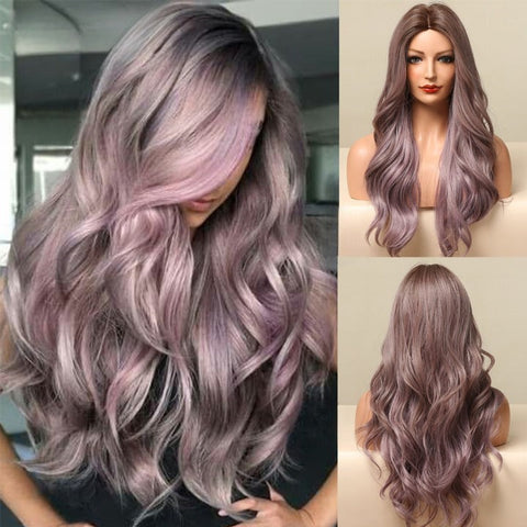 Perruques longues ondulées violettes 
